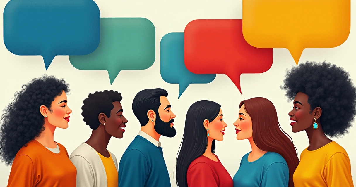 Mosaico com vários avatares interagindo em redes sociais diferentes, cores variadas nas caixas de diálogo 