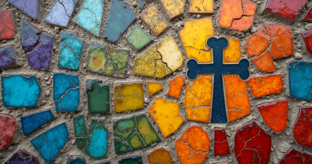 Mosaico colorido com peças irregulares de diferentes texturas, formando cruz no centro 