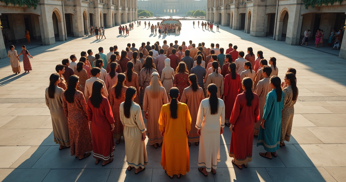 Diversas pessoas formando um mosaico em um espaço público, demonstrando diversidade cultural 