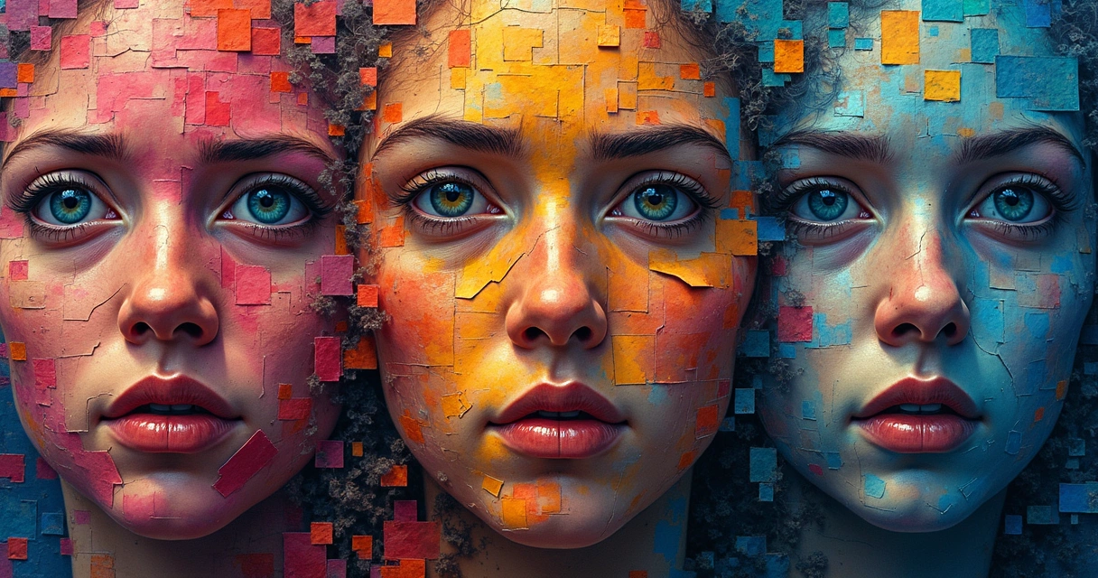 Mosaico colorido com rostos humanos transmitindo diversas emoções 