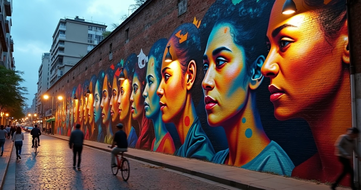 Mural urbano con rostros diversos y colores representando emociones en una ciudad 