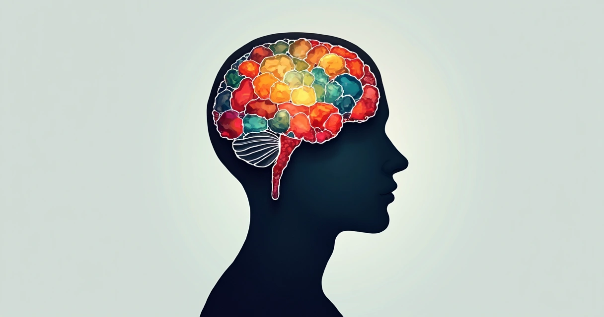 Cabeça humana vista de lado, com mosaico colorido representando emoções 