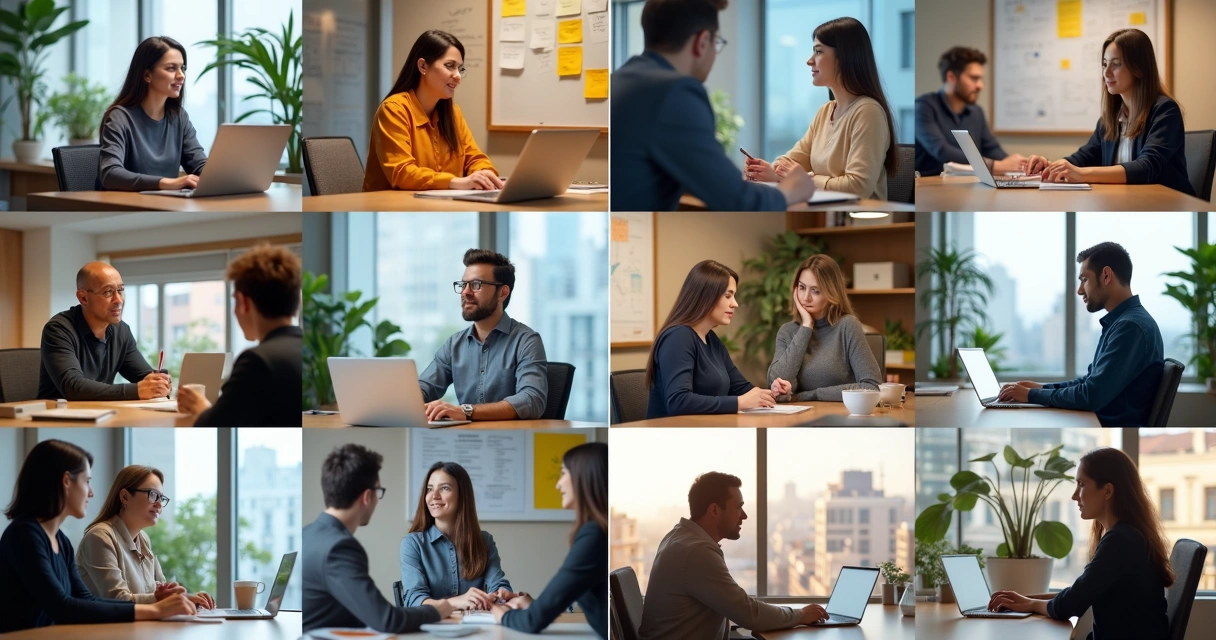 Colagem de nove expressões emocionais de pessoas em ambiente de trabalho moderno 