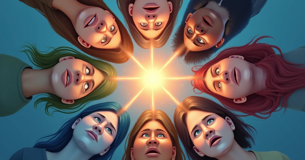 Círculo colorido com rostos humanos representando variadas emoções, unidos por linhas ao centro