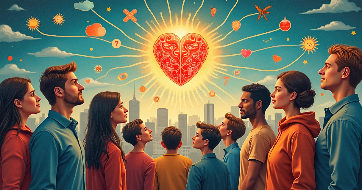 Mosaico de pessoas tomando decisões conscientes em uma sociedade interligada 