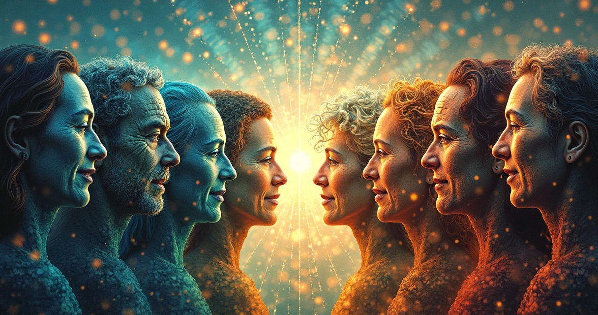 Mosaico de pessoas de diferentes idades conectadas em rede com luzes brilhantes 