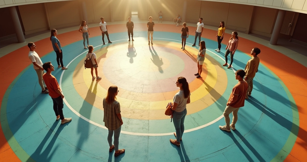 Piso em mosaico com diferentes pessoas formando um grande círculo visto de cima 