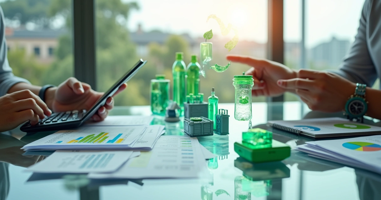Mosaico com notas fiscais se transformando em ícones de reciclagem 