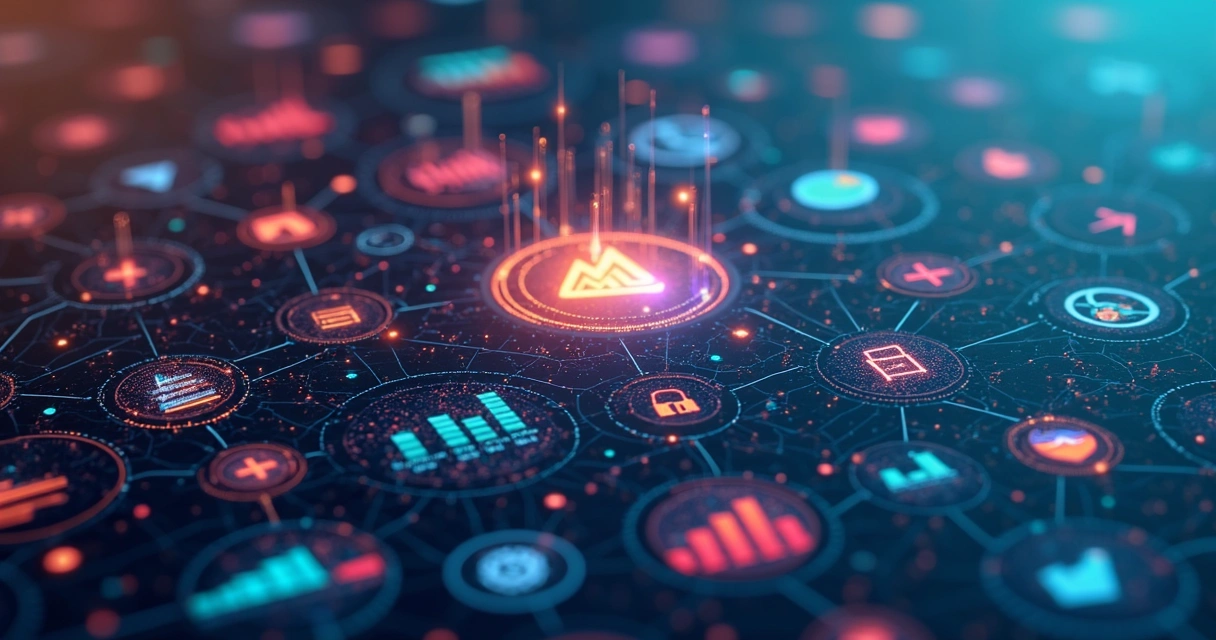 Mosaico de gráficos coloridos representando indicadores conectados 