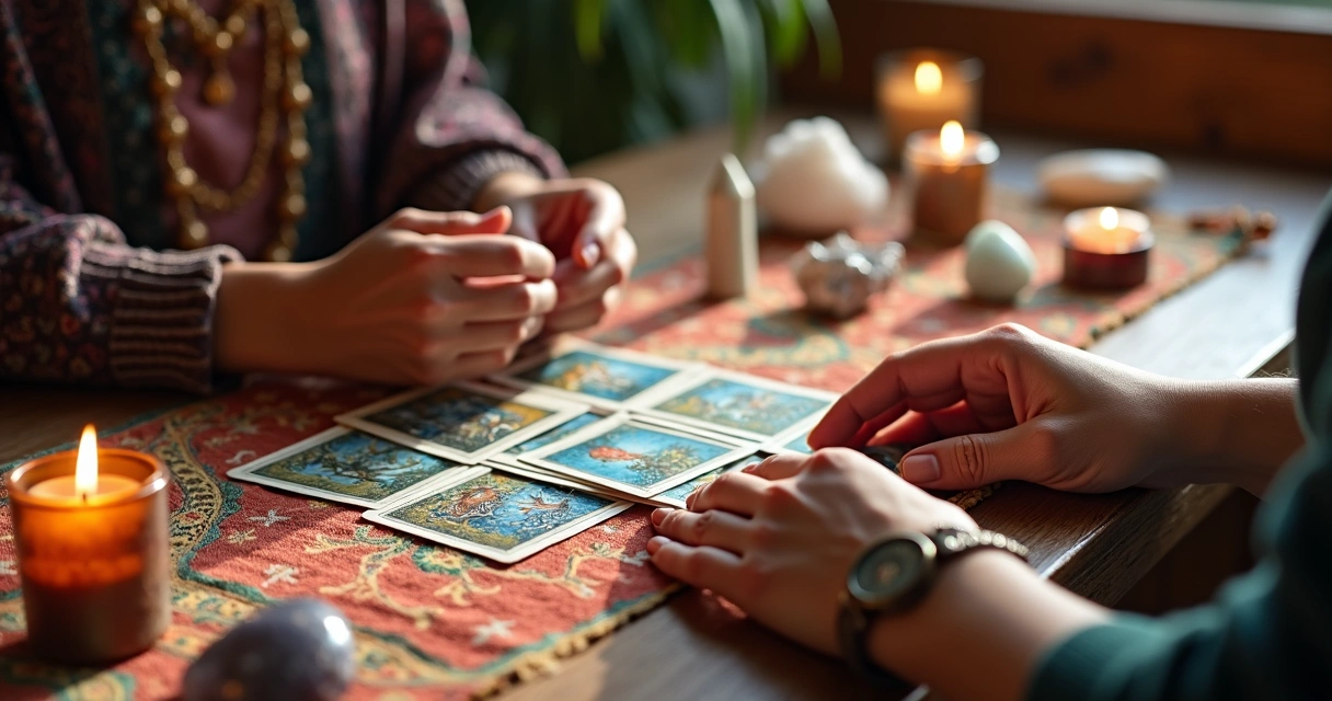 Mesa de madeira com uma mão segurando cartas de tarot e outra sendo analisada 