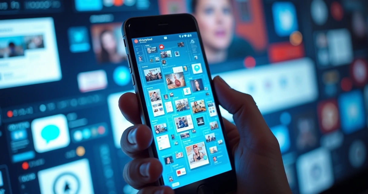Montagem de vários dispositivos digitais exibindo redes sociais 