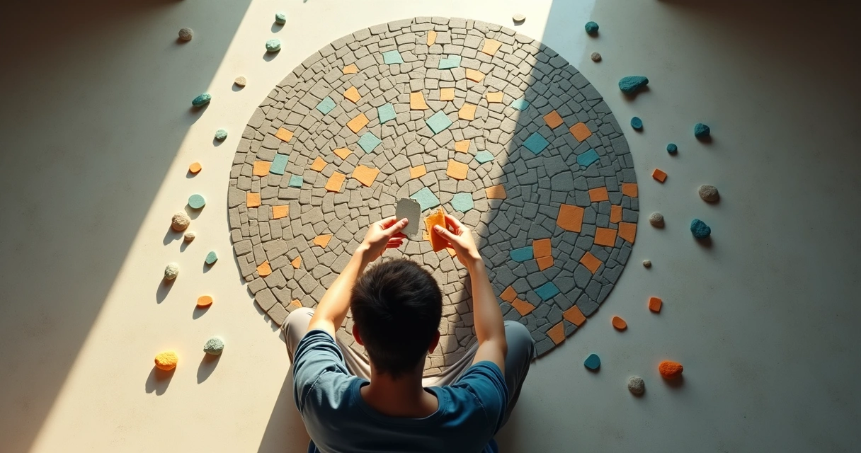 Pessoa montando mosaico colorido com peças caídas aos pés 