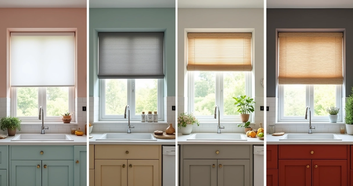 Mosaico com quatro tipos de persianas em cozinhas diferentes