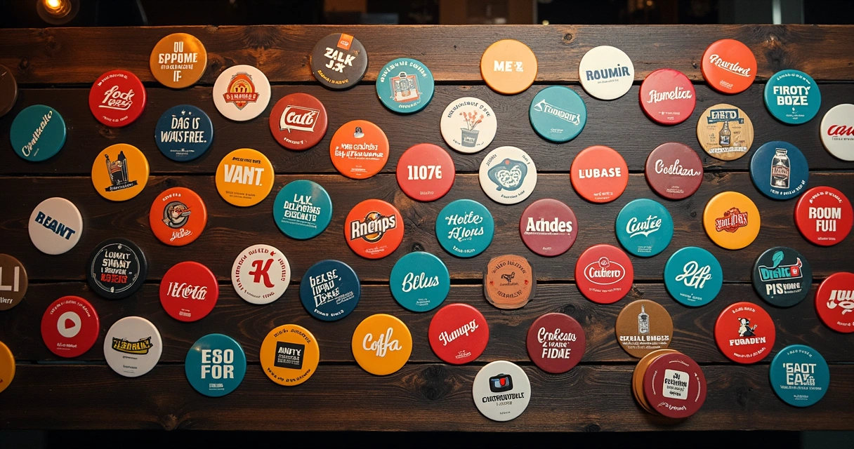 Mosaico de porta-copos com anúncios coloridos vistos de cima 