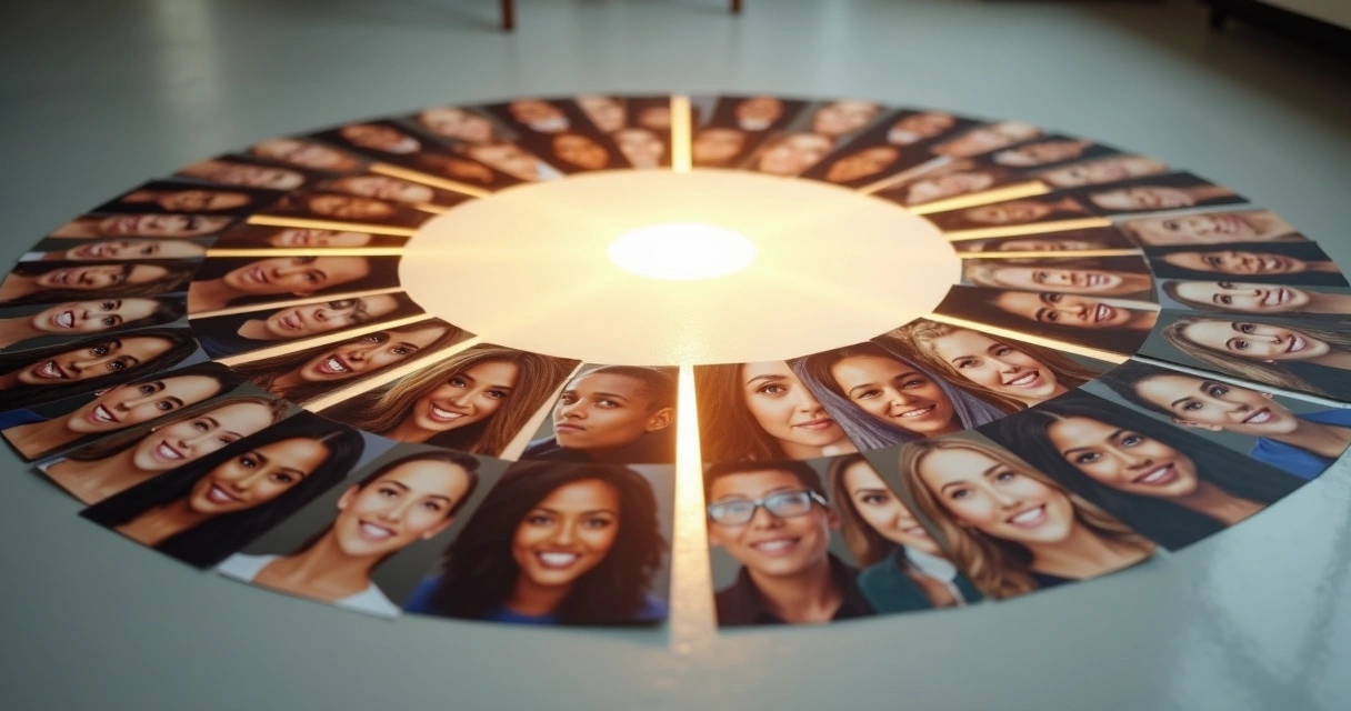 Mosaico de rostos diferentes formando um único círculo iluminado 