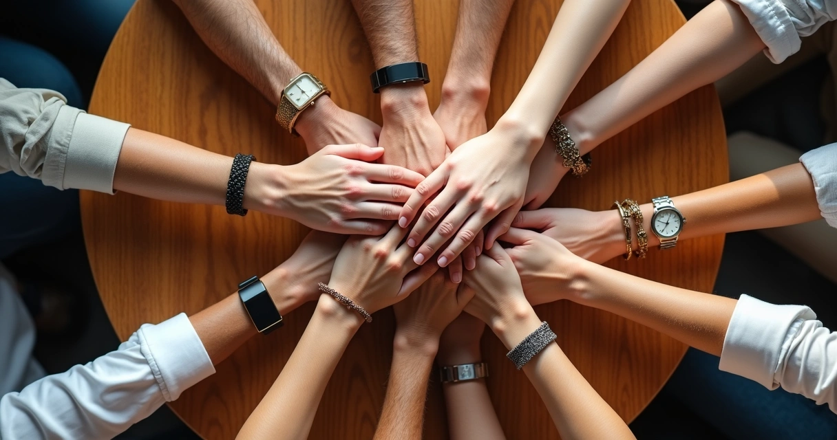 Mosaico de mãos diferentes se unindo no centro de uma mesa redonda, vistas de cima. 
