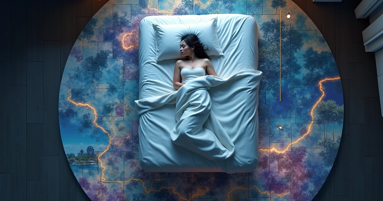 Cama vista de cima com pessoa dormindo cercada por mosaico de cenas oníricas coloridas 