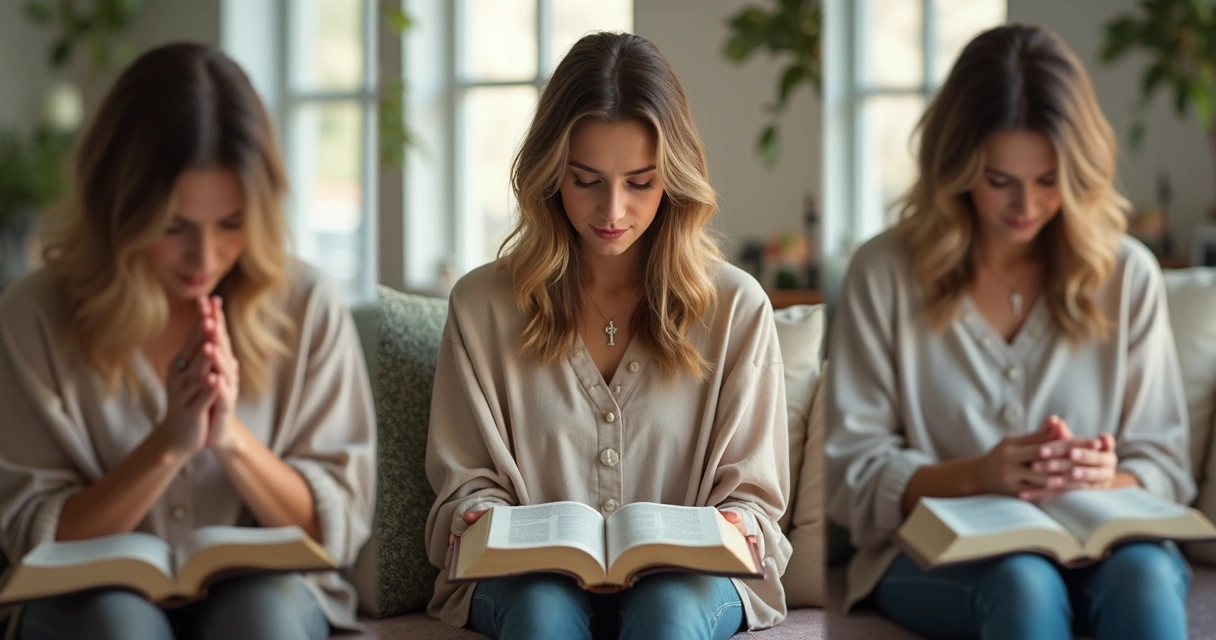 Mosaico mostrando mulher cristã superando o medo através da fé, leitura bíblica e oração