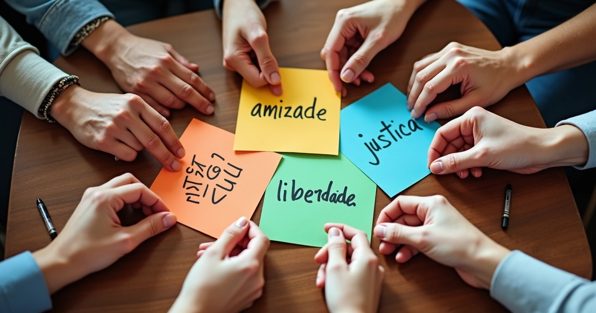 Mãos dispostas em círculo sobre uma mesa, vários papéis coloridos ao centro, vista superior. 