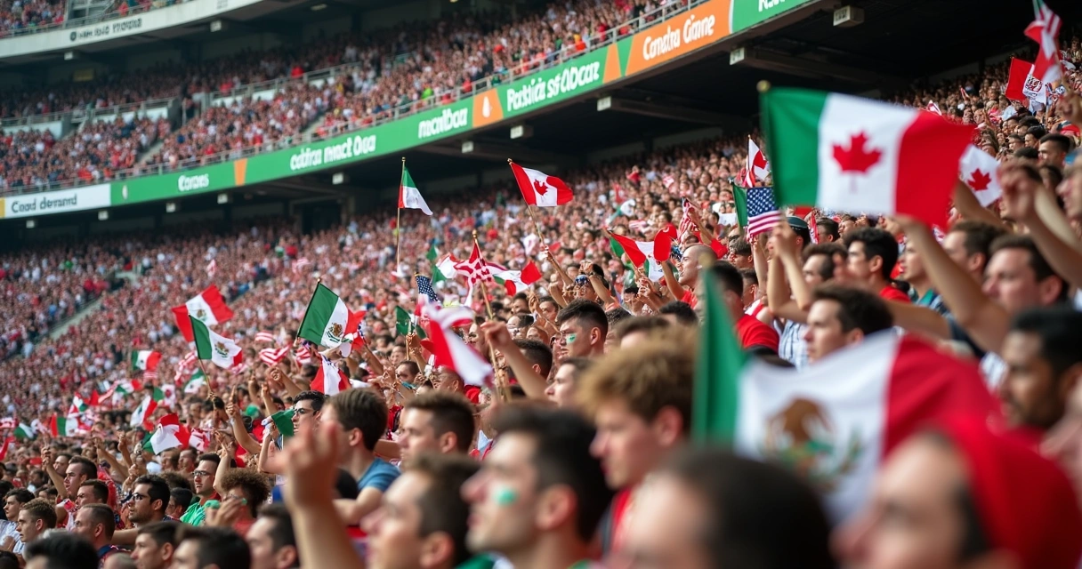 Torcedores com bandeiras dos EUA, Canadá e México em estádio de futebol 