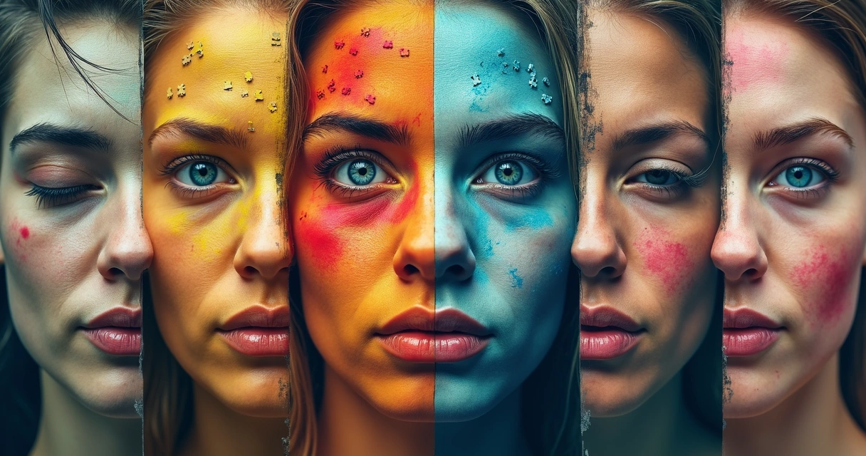 Mosaico colorido representando diferentes vieses cognitivos em rostos humanos 