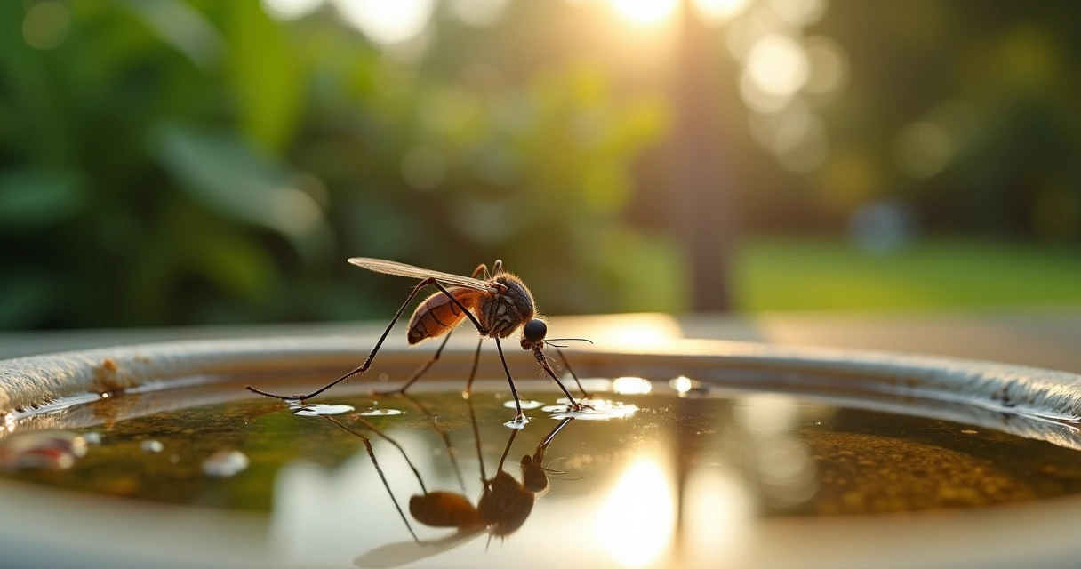 Mosquito Aedes aegypti próximo de água parada em um recipiente de plástico 