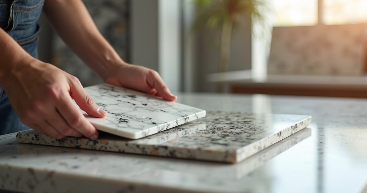 Mãos segurando amostras de mármore e granito em ambiente de loja 