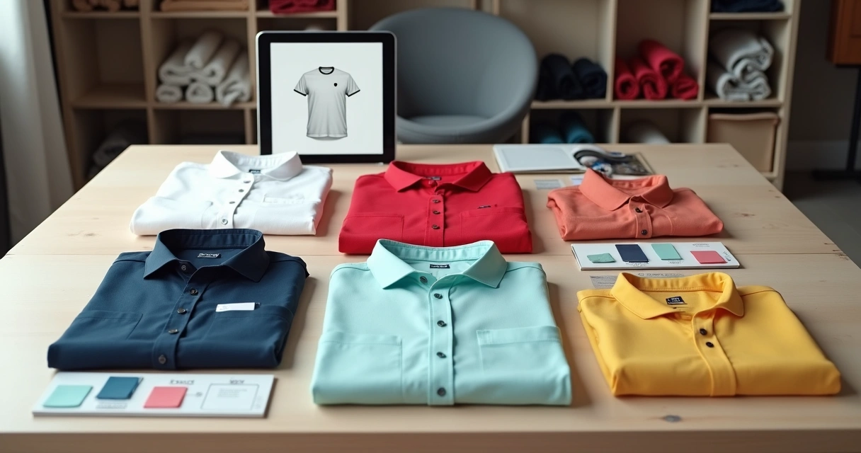 Mostruário de diferentes blusas personalizadas sobre mesa com catálogo de tecidos 