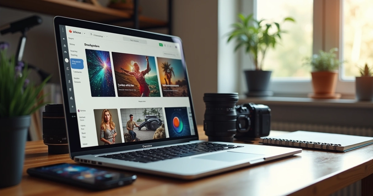 Portfólio digital de fotógrafo exibido em notebook e smartphone 