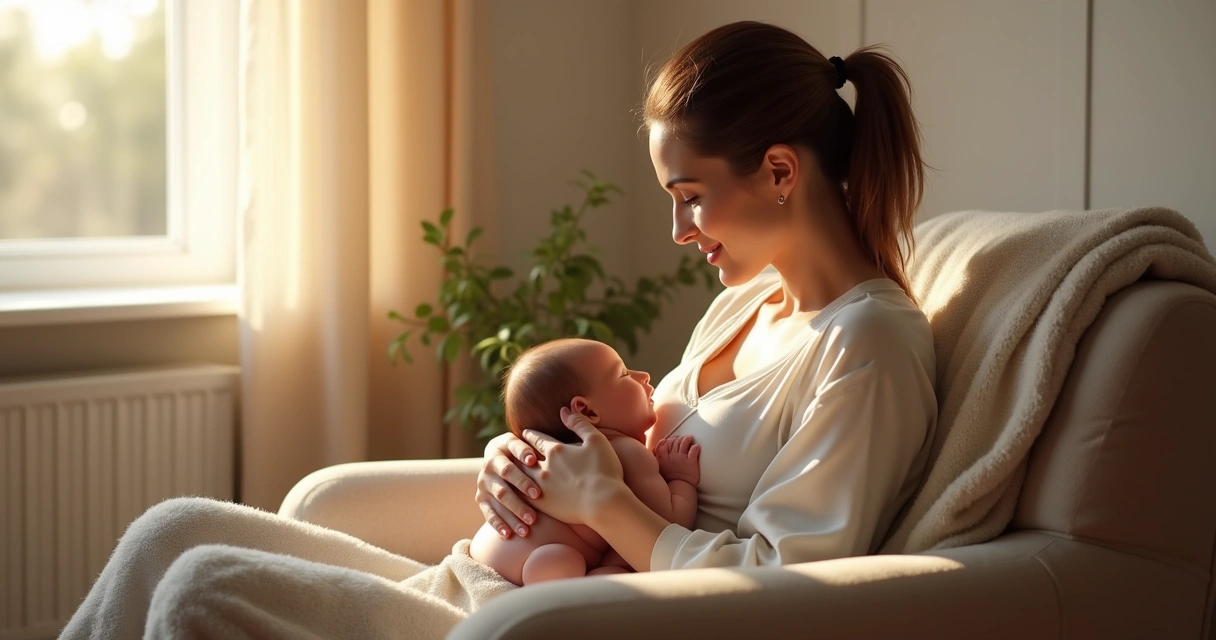 Mother breastfeeding her newborn baby in a calm, softly lit room