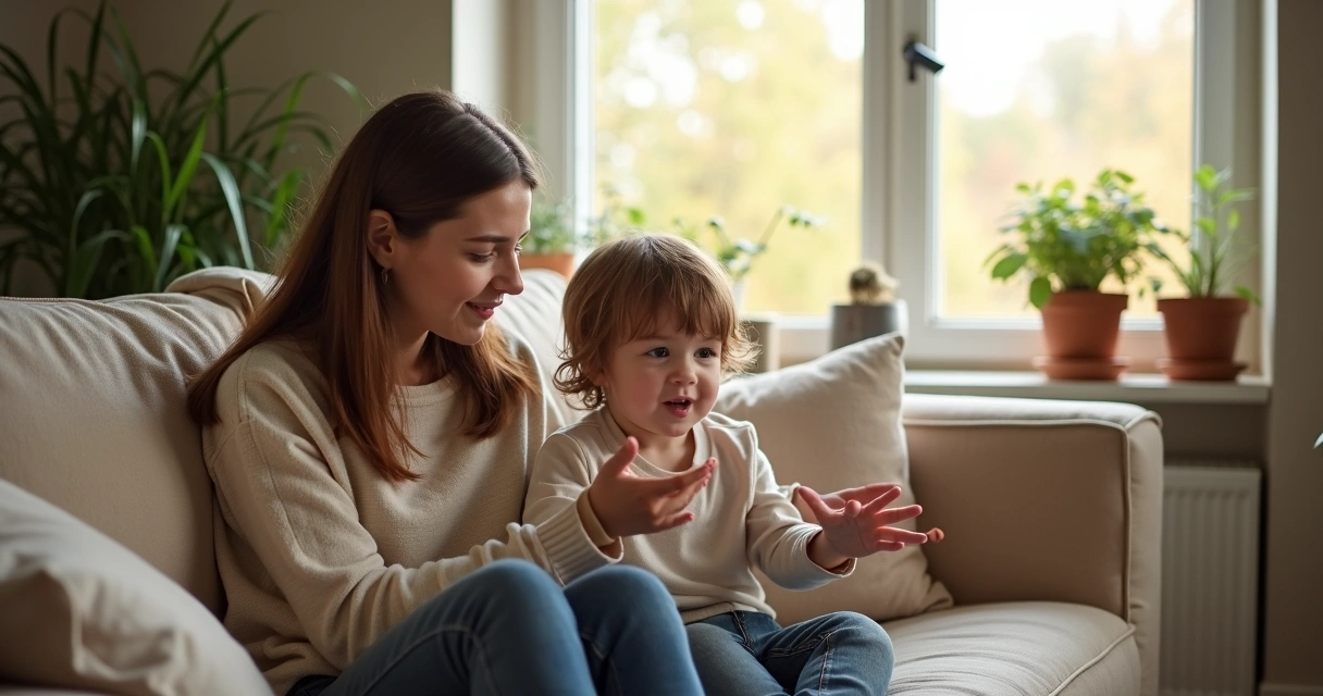 Mother and child sitting together calmly on a cozy living room sofa.