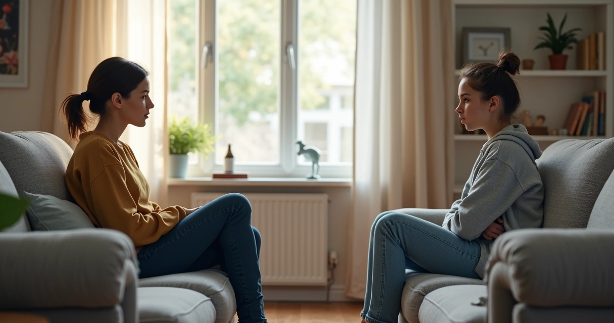 Mother and teenage daughter sitting far apart on a couch, both looking frustrated