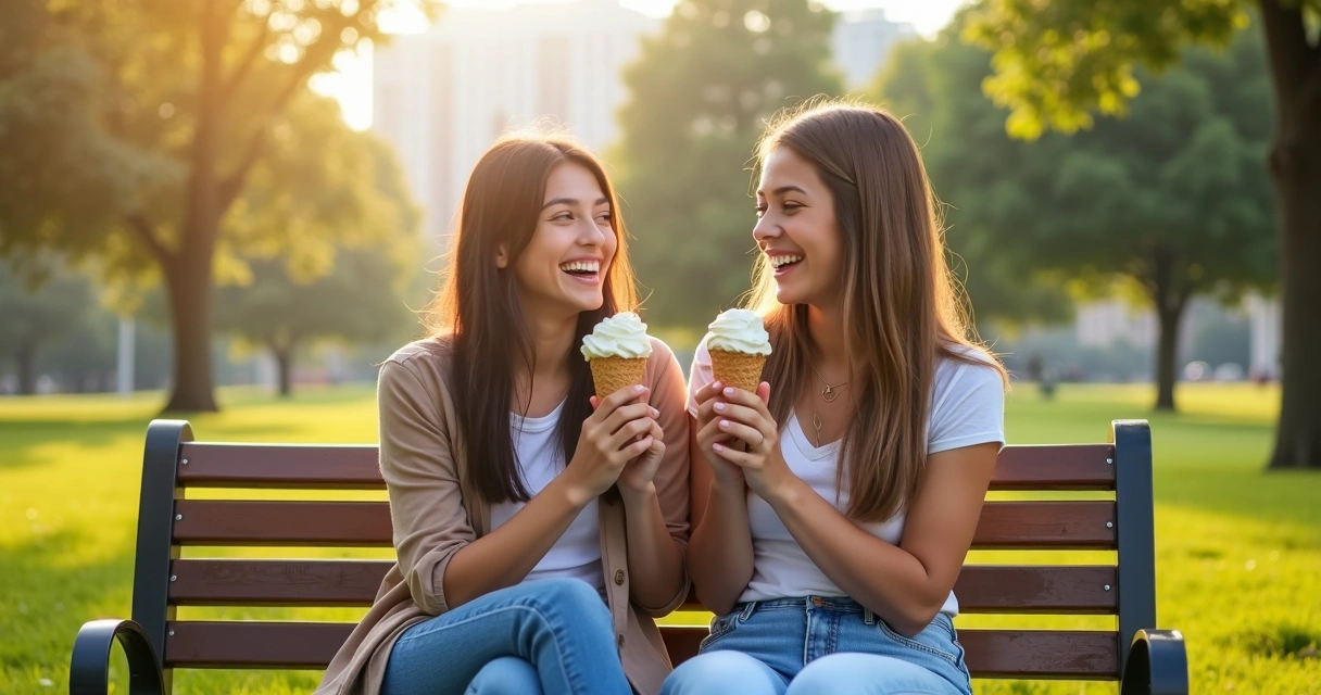 Mother and teen girl laughing and sharing ice cream sitting on a park bench 