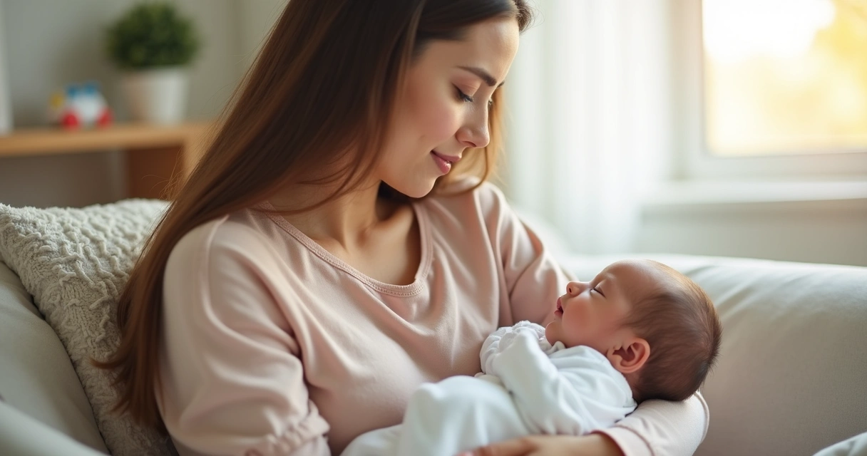 Mother holding newborn baby in a softly lit room 