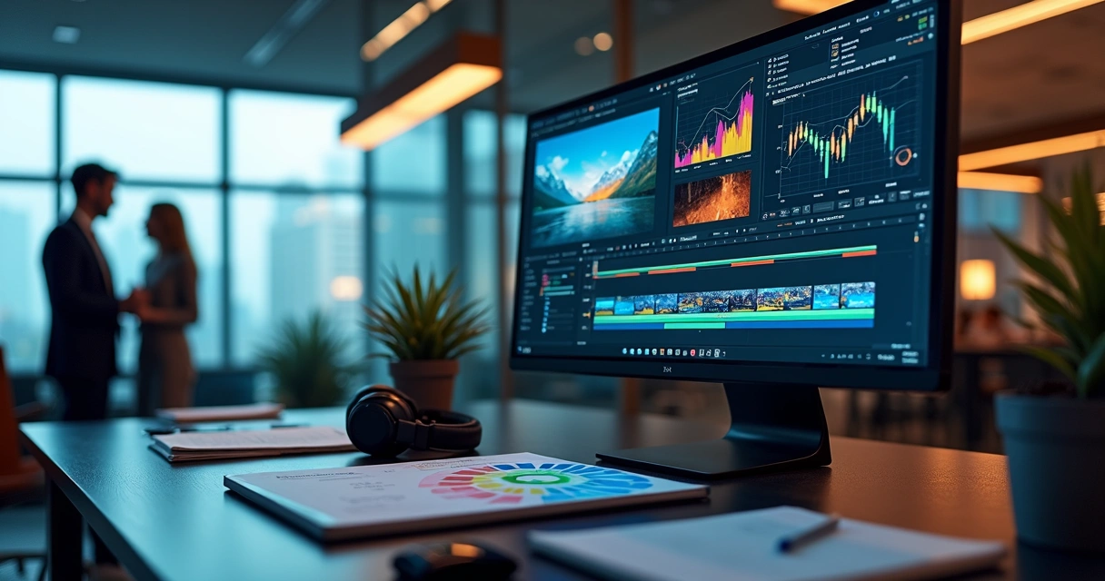 Tela de computador com gráficos em movimento em ambiente corporativo moderno 