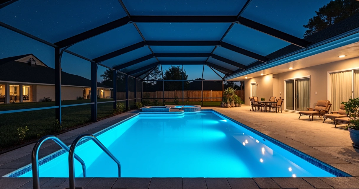 Pool enclosure with motion sensor lighting at night