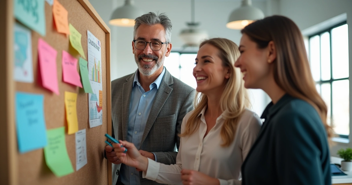 Três colaboradores sorrindo enquanto resolvem um problema no trabalho 