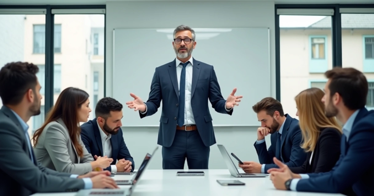 Homem em pé discursando animadamente para equipe desanimada 