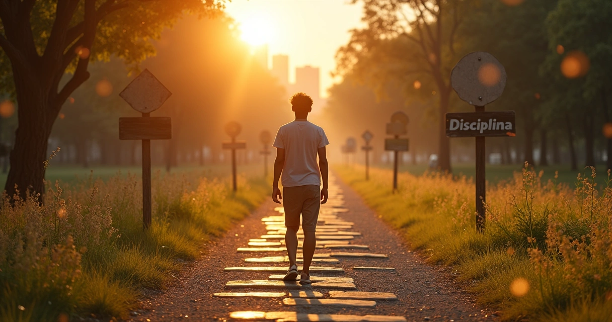Pessoa em encruzilhada escolhendo entre motivação passageira e disciplina constante 