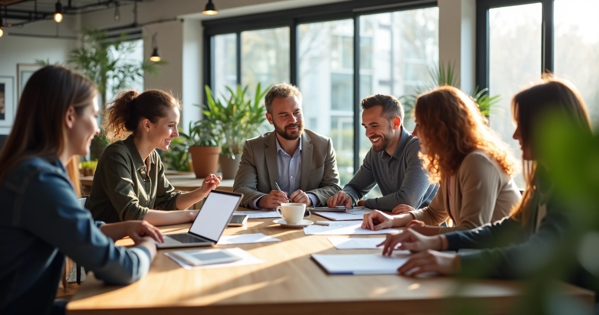 Equipe de trabalho diversa em reunião, sorrindo e colaborando em mesa de escritório