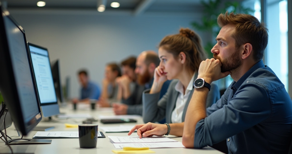 Equipe em escritório com expressões cansadas, olhando para telas de computador. 