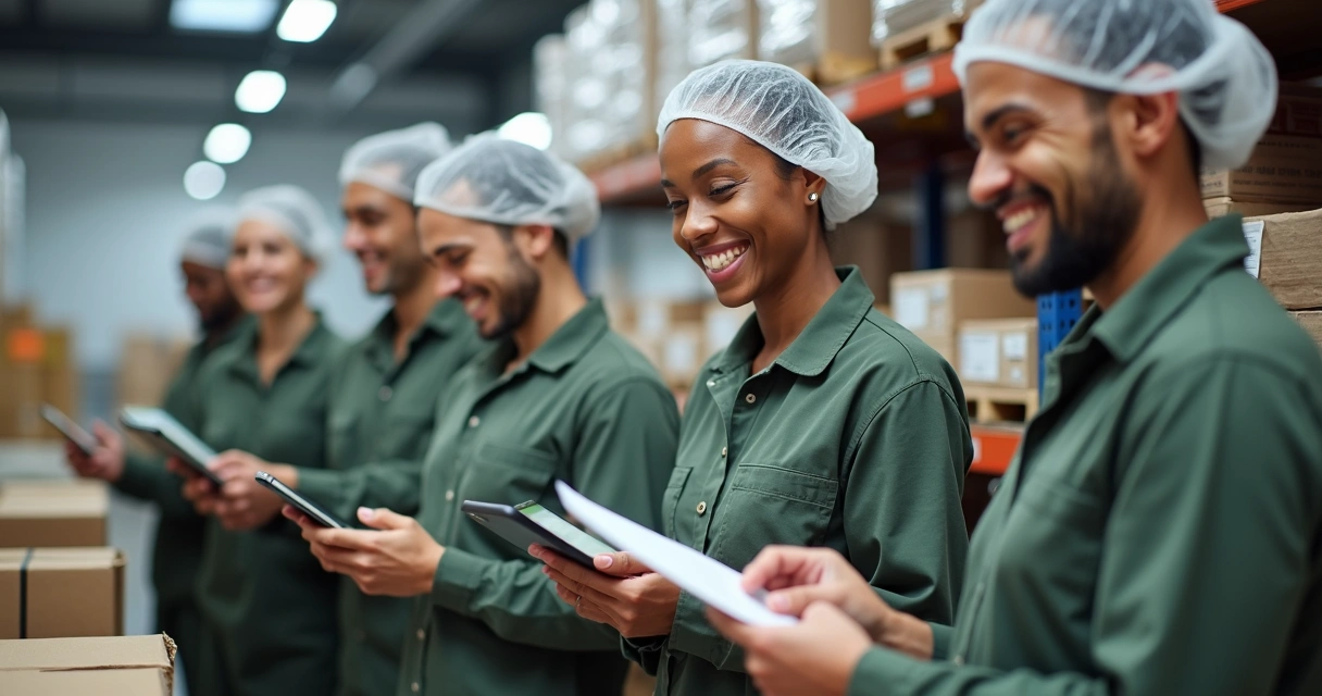 Equipe de estoque satisfeita em fábrica de alimentos 
