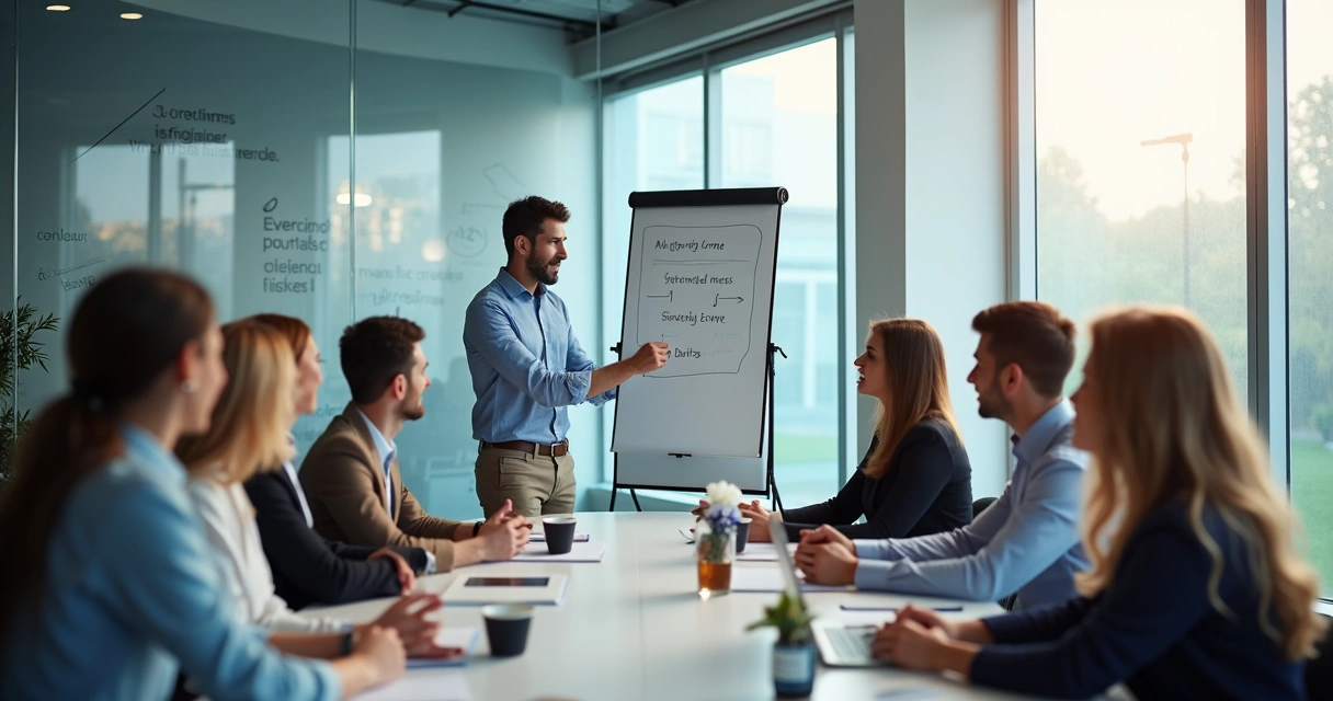 Líder inspirando equipe reunida em sala de reunião 