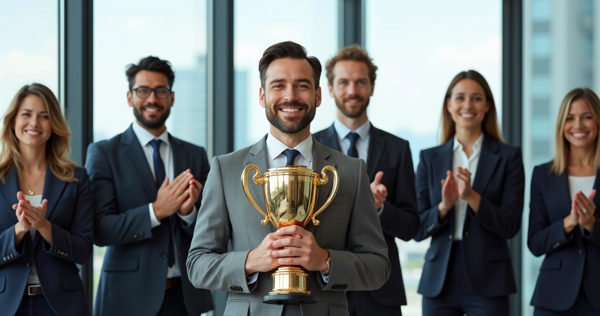 Pessoa recebendo prêmio em ambiente corporativo, expressando satisfação temporária 