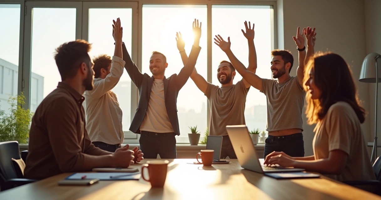 Grupo de pessoas em roda, sorrindo e comemorando em uma sala de reuniões