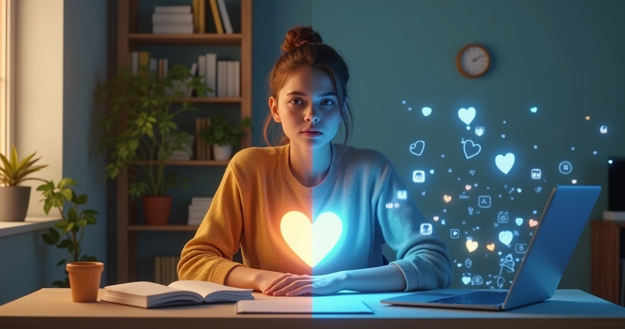 Pessoa dividida entre olhar para um coração interno e um ícone de curtidas de rede social 