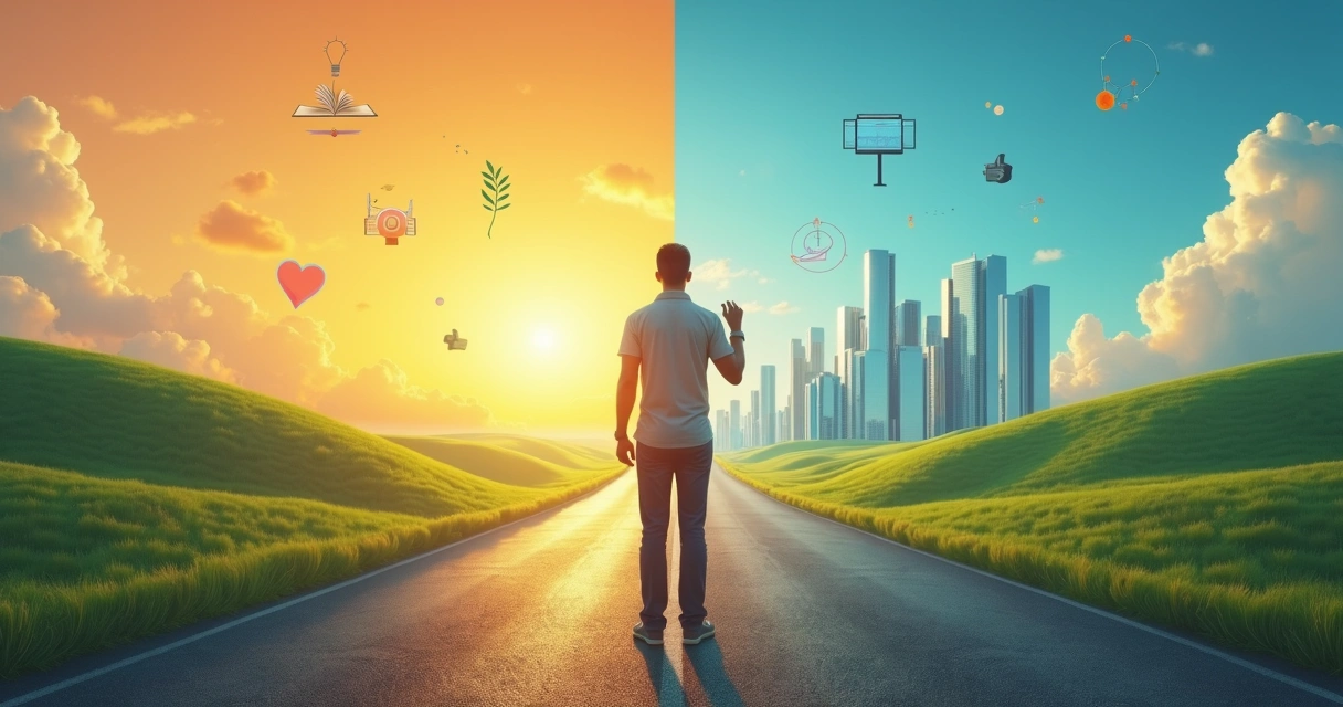 Pessoa em frente a uma estrada dividida entre motivação intrínseca e extrínseca 