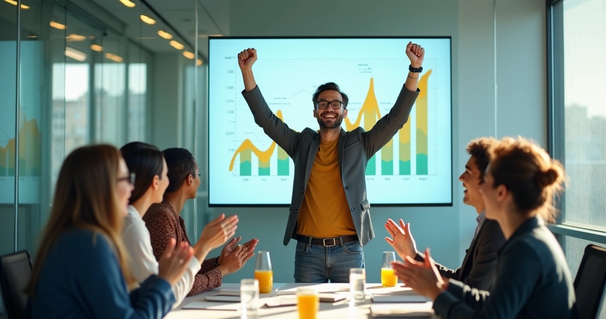 Líder motivando equipe após conquista, pessoas sorrindo em escritório moderno. 