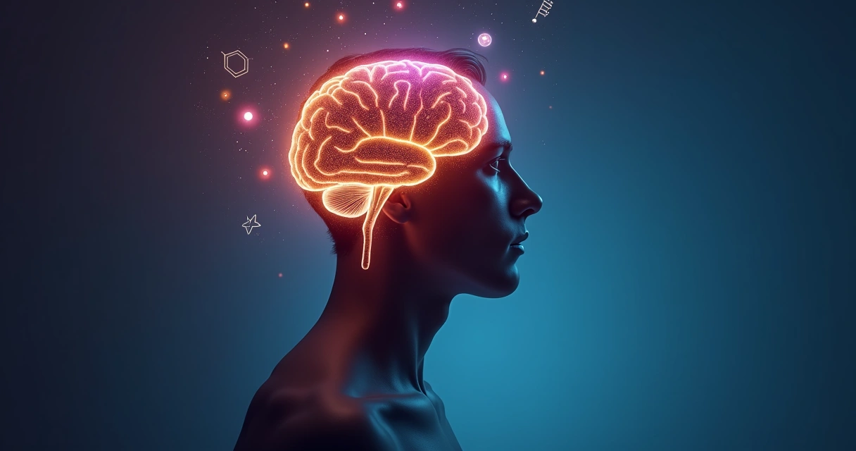 Pessoa de perfil com cérebro iluminado e conexões simbolizando motivação 