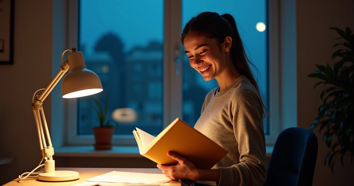 Estudante sorrindo com livros nas mãos comemorando após sessão noturna